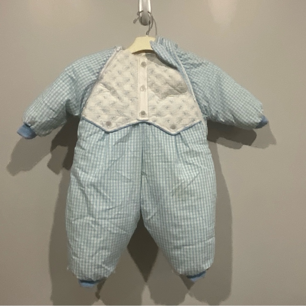 Vintage Quiltex Quilted Snowsuit Blue White Gingham Size 12 Months